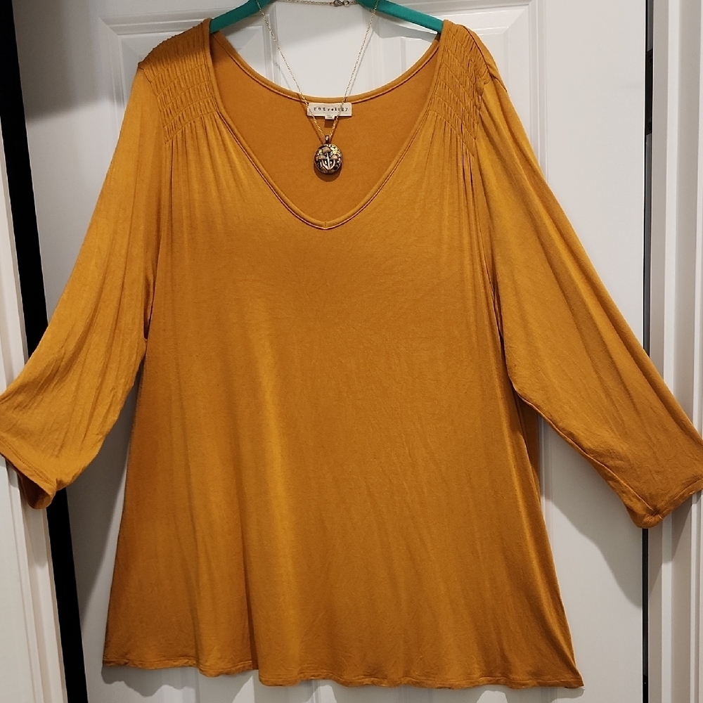 Retrology Mustard Tee Shirt With Smocking Detail At Shoulders 2x